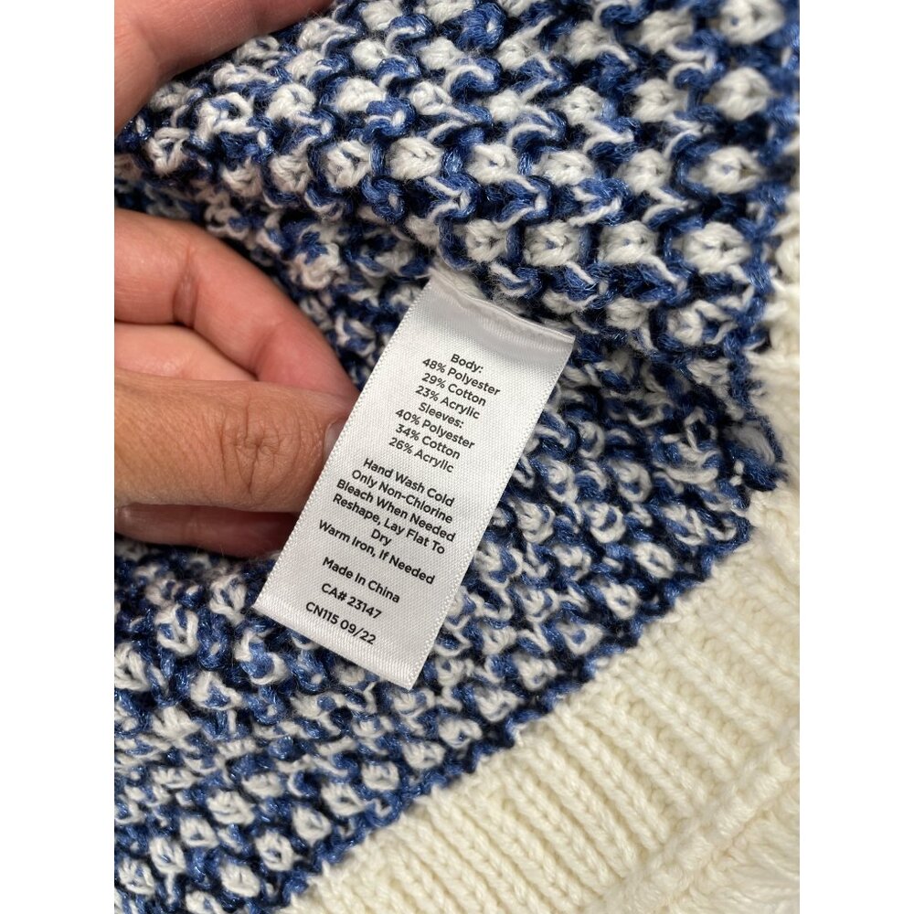 Talbots Womens XL Blue White Striped Fair Isle Eyelash Trim Cardigan Sweater - Picture 4 of 7